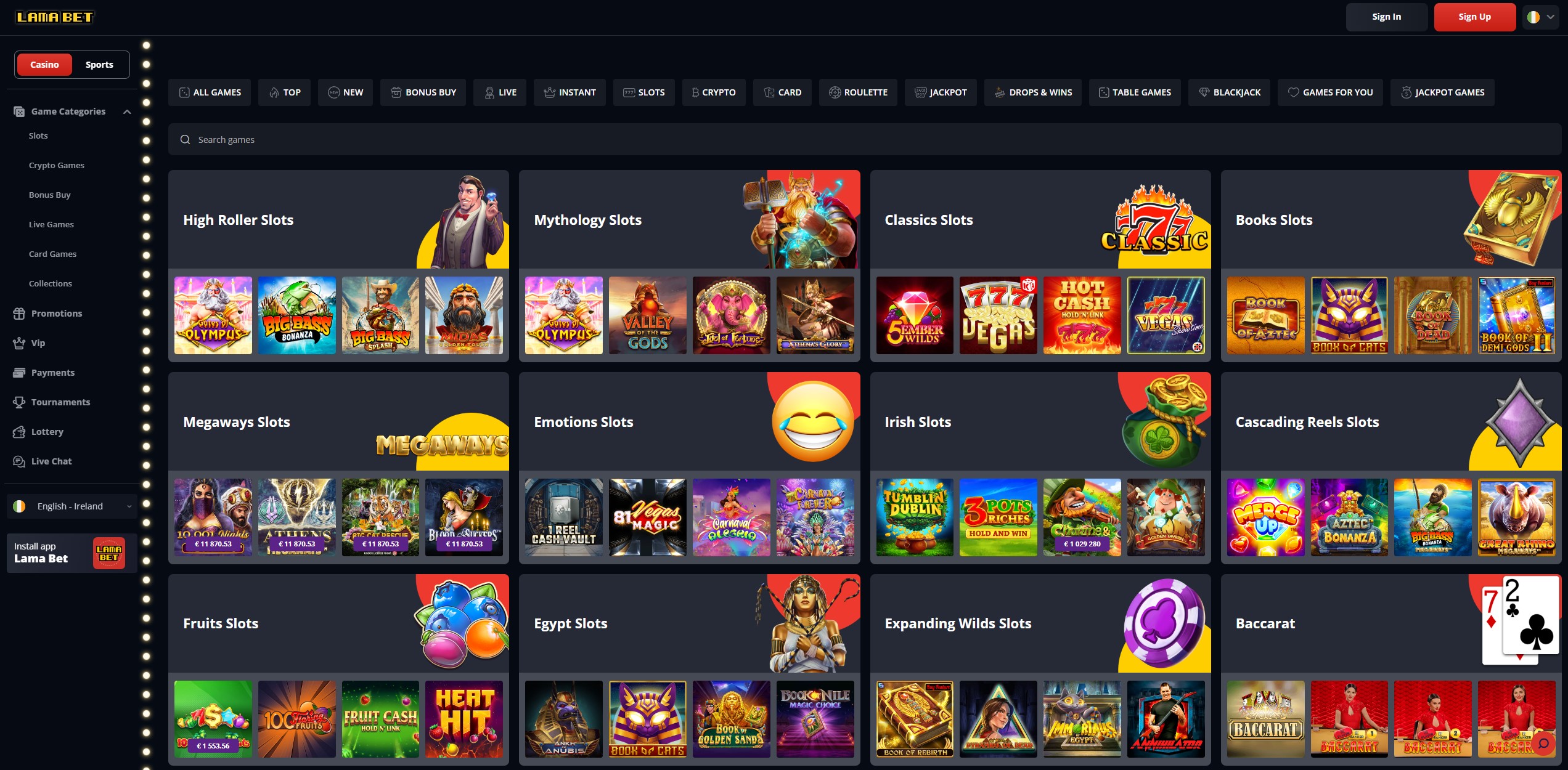 Vasta selezione di categorie di slot machine su LamaBet